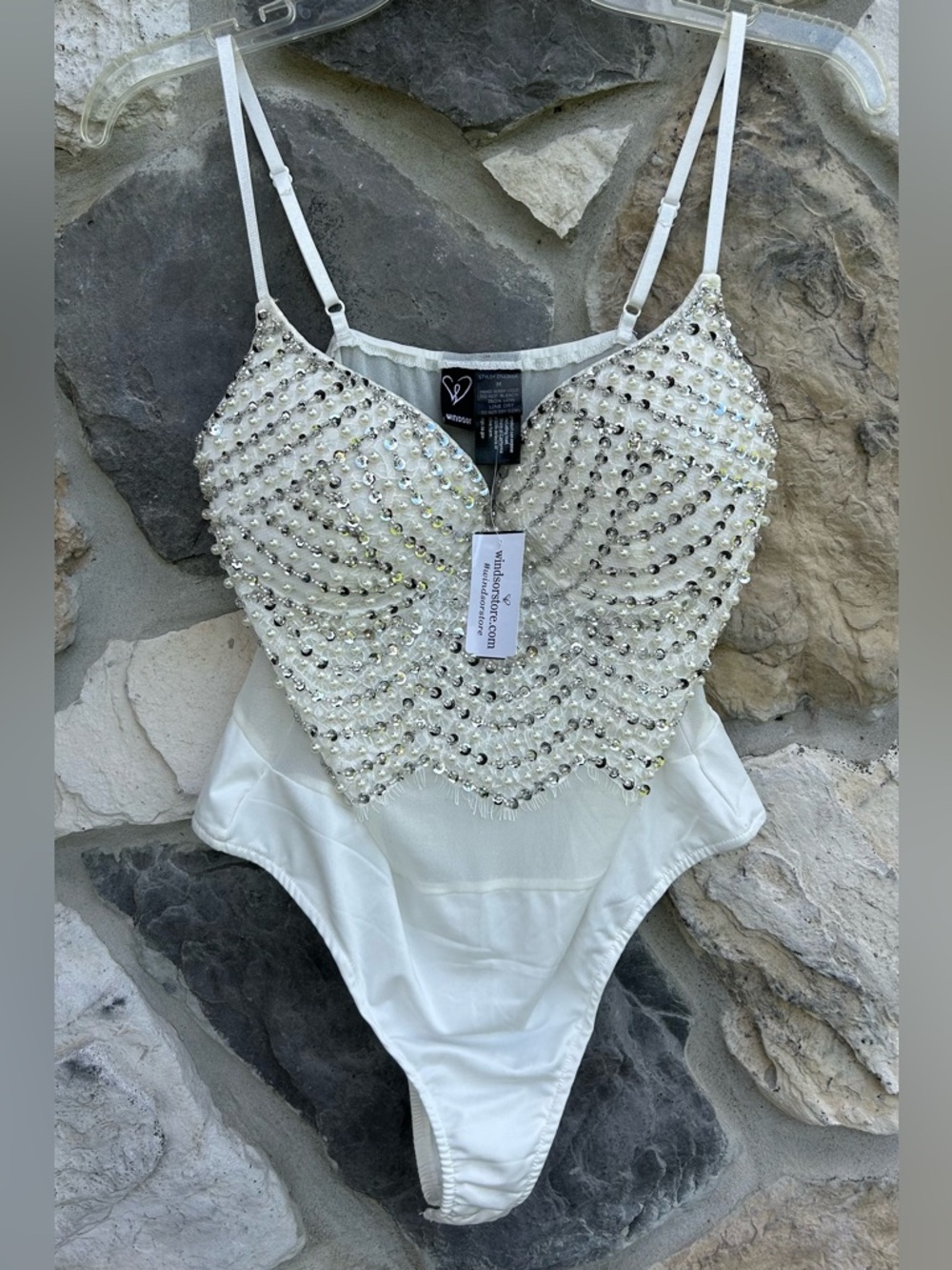 NEW Windsor Bodysuit Size M White Pearl Sequin Bridal Bachelorette Party Date - Picture 3 of 7